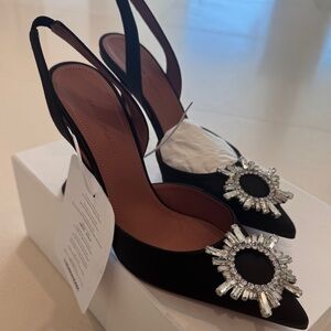 Amina Muaddi Satin Black Slingback with Silver Embellishments